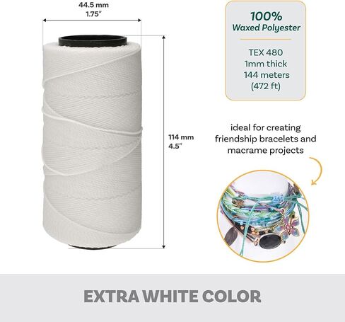 The Beadsmith Knot It Waxed Polyester Cord – Extra White Color – 1mm Diameter – Light Wax, 144 Meters (472 Feet) Per Spool – Make Jewelry, Macrame, Friendship Bracelets and DIY Crafts in Kuwait