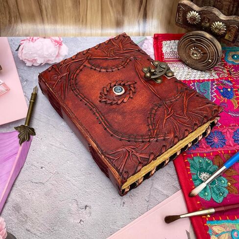 KMAAC Hocus Pocus Book of Spells Leather Journal Deckle Edge Paper Third Eye grimoire Vintage Shadows Blank Antique Spell Witch Lock Clasp Notebook 7x5, Brown in Saudi Arabia