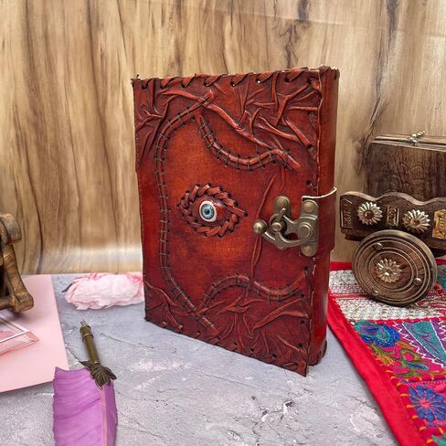 KMAAC Hocus Pocus Book of Spells Leather Journal Deckle Edge Paper Third Eye grimoire Vintage Shadows Blank Antique Spell Witch Lock Clasp Notebook 7x5, Brown in Saudi Arabia