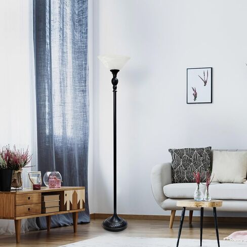 Elegant Designs LF2001-RBW 1 Light Torchiere Floor Lamp with Marbelized White Glass Shade, Restoration Bronze and White in Saudi Arabia