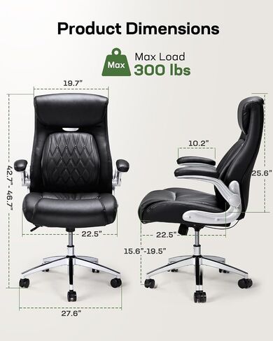Marsail Executive Office Chair with Flip-up Armrests,PU Leather Ergonomic Desk Chair Height-Adjustable Swivel Rolling Computer Desk Chair,Black in Saudi Arabia