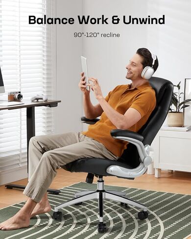 Marsail Executive Office Chair with Flip-up Armrests,PU Leather Ergonomic Desk Chair Height-Adjustable Swivel Rolling Computer Desk Chair,Black in Saudi Arabia