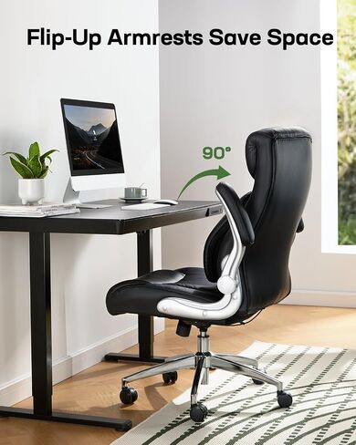 Marsail Executive Office Chair with Flip-up Armrests,PU Leather Ergonomic Desk Chair Height-Adjustable Swivel Rolling Computer Desk Chair,Black in Saudi Arabia