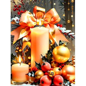 Christmas Diamond Art Kits for Adults, Christmas Candles Diamond Painting for Beginners, 5D Round Full Drill Winter Merry Christmas Gem Art Kits for Home Wall Decor 12x16inch