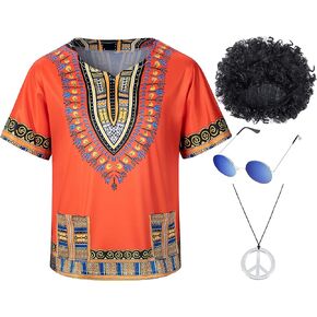 Kids Hippie Costume for Boys Girls 60s 70s 4 Pcs T-Shirt Afro Wig Set for Halloween Party Cosplay 3-12 Years