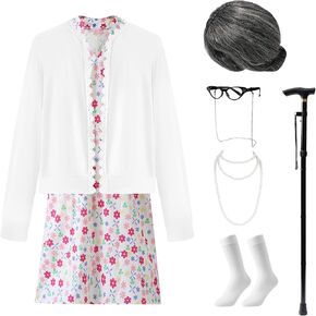 100 Days of School Costume Old Lady Costume for Kids, Grandma Costume for Kids Set Fun Old Lady Costume Cosplay for Girls