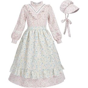 FCCAM Prairie Colonial Dress Girls Long Sleeve Floral Pioneer Costume with Apron