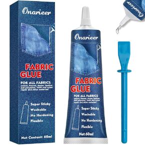 60ml Fabric Glue, Fabric Glue Permanent Clear Washable for Patches Drying Waterproof Fabric Adhesive Glue for All Fabrics, Clothes, Cotton, Flannel, Denim, Leather, Polyester, Doll Repair