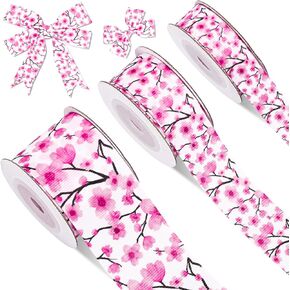 3 Rolls Cherry Blossoms Grosgrain Ribbon Pink Flower Fabric Craft Ribbon Spring Floral Gift Wrap Ribbon for Wreath Bow Holiday Party Decor, 5/8" 7/8" 1.5", 15 Yards