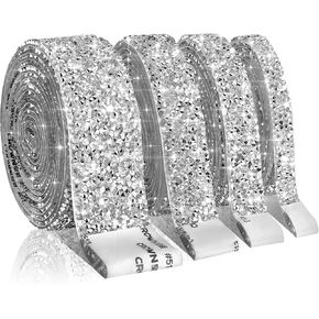 4 Rolls 8.8 Yards Self Adhesive Crystal Rhinestone Ribbon Silver DIY Bling Diamond Rhinestone Strips for Arts Crafts Wedding Cakes Birthday Decorations