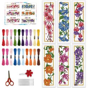 BEUNITONE 6 Pcs Flower Cross Stitch Bookmark Kit for Adults Beginner DIY Stamped Embroidery Bookmark Kit with Instructions Cute Stamped Embroidery Bookmark Kit for Book Lovers Handmade Gift 8''x2.4''