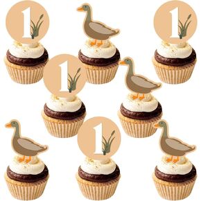 36Pcs Mallard Duck 1st Birthday Cupcake Toppers One Lucky Duck Birthday Cake Decoration 1st Birthday Party Decoration for Animal Duck Baby Shower First Birthday Decor Supplies