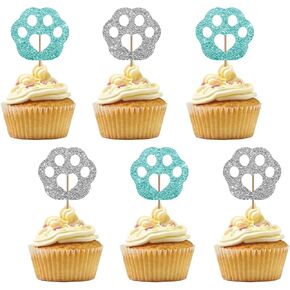 Set of 24 Paw Cupcake Toppers for Pet Theme Birthday, Blue & Silver Glitter Puppy Kitten Paw Sign Cupcake Toppers, Cake Decorations for Baby Shower/Dog Cat Birthday Party Supplies