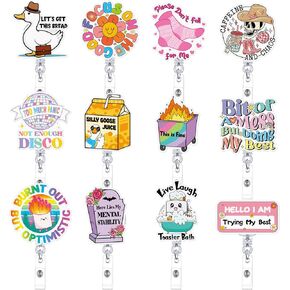 12 Pcs Funny Cute Badge Reel Nurse Retractable Name ID Clip Nursing Badge Reel Holder for Rn Teacher Office Accessories Bulk Gifts