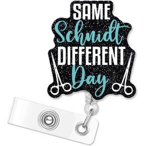 ERHACHAIJIA Same Schnidt Different Day Retractable Black Glitter Badge Reel with Alligator Clip, Funny Surgery ID Card Badge Holder Gift for Nurses Doctors Surgical Technologist Surgeon Surgical Tech