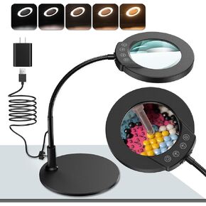 Magnifying Glass with Light and Stand, 5 Color Modes 5 Dimmable & Stepless Brightness, Stable Non-slip Base, Gooseneck Magnifier with Light for Craft Hobby Painting Sewing Close Work for Dad Mom Gift