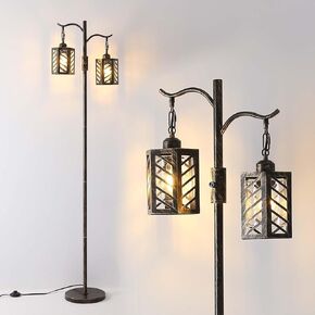 Industrial Floor Lamp,Vintage Dimmable Floor Lamp,2 Classical Lanterns Standing Lamp, Rustic Farmhouse Floor Lamp with Bronze Gold Finish, for Living Room Bedroom (Bronze-B-Style)