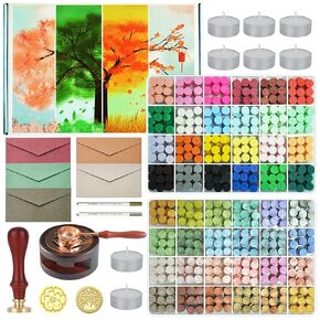 Wax Seal Stamp Kit with Gift Box,48 Color 1200 Pcs Wax Seal Beads with 2 Pcs Wax Seal Stamps, Sealing Wax Warmer, Metallic Pen and 10Pcs Tea Candles for Wedding Invitations Wrapping Christmas Letters