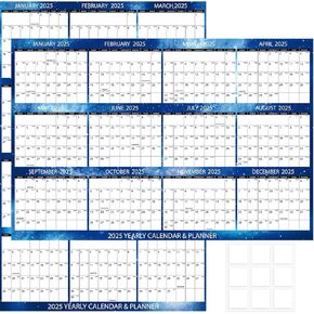48 x 32in 2025 Wall Calendar Large Wet & Dry Erase 12 Month Annual Yearly Wall Planner Laminated Paper Wall Calendar for School Home Office Organizing Planning 2pcs Horizontal Vertical (Starry Blue)