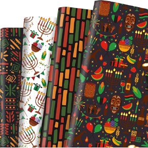 Sanixin 12 Sheets Black History Month Wrapping Paper Kwanzaa Menorah and Geometry Patterned Gift Wrap Paper Folded Flat for African American Holidays DIY Craft, 19.7 X 27.5 Inch