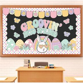 FYSUIMU 64Pcs Groovin' Into Spring Bulletin Board Decor Set Pastel Easter Egg Bunny Paper Cut-Out Retro Groovy Flower Butterfly Border Trim with Glue Point for Chalkboard Wall Party Decor
