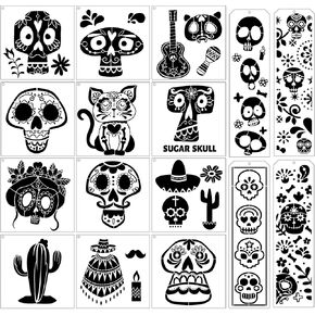 جماجم السكر الطلاء الحرف مرسلة - 16 PCS يوم من Calacas Dead Marigolds Cat Owl Guitar Hat أنماط قبعة القبعة القابلة لإعادة الاستخدام الطلاء قوالب لالتقاط القمصان من الخشب DIY Table Tops Tops Tops
