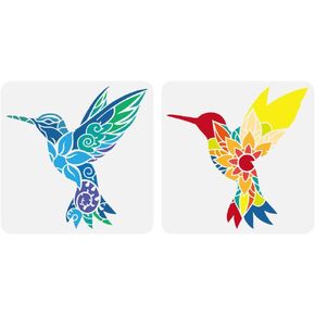 FINGERINSPIRE 2 PCS Hummingbird Stencils for Painting 11.8x11.8 inch Plastic PET Birds Flowers Drawing Templates Hollowed Floral Mandala Patterns Stencils Animal Theme Templates for Floor Decoration