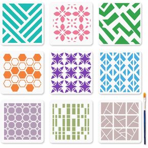 MAYJOYDIY 9 Styles Spray Stencils 5.9x5.9inch Reusable Stain and Splatter Stencils for Craft Graffiti Art Paint Templates with Paint Brush for Floor Wall Tile Fabric Furniture Decoration