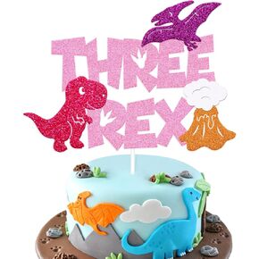 Dinosaur Three Rex Cake Topper 3rd Birthday Cake Decoration for Boy Girl Kids Bday Party Celebration Decor Supplies (Pink)