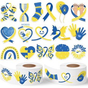 1000pcs Down Syndrome Awareness Theme Sticker Rolls(2 Rolls), 16 Designs Down Syndrome Awareness Month Inspirational Self-Adhesive Sticker Decals for Kids Scrapbook Laptop Decor