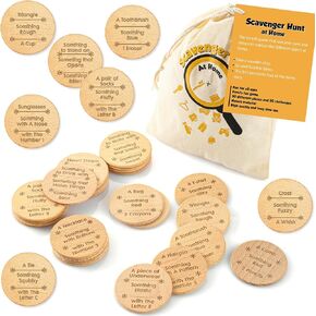 HyDren 30 Pcs Wooden Scavenger Hunt Cards with Bag Treasure Hunting Indoor Family Games Ages 4+ Educational Activities Scavenger Coins Gifts for Toddler