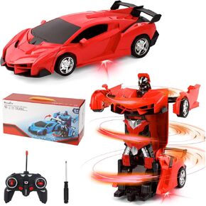 Kizeefun Remote Control Car, Rechargeable Transformable Remote Control Car for Boys and Girls with Flashing Lights and 360°Rotation, RC Stunt Car for Kids Included 2 Rechargeable Batteries