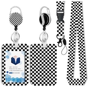 Black and White Checkered Badge Holder with Retractable Reel and Breakaway Lanyard，Badge Clips Retractable Heavy Duty Badge Reel，Keychain，ID Holder with Breakaway Lanyard for School Nurse Office