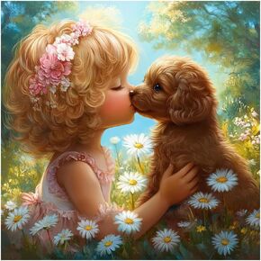 FHBUBPUP Dog Diamond Painting Kits for Adults, Kissing Dog Diamond Art Kits for Beginners, 5D DIY Full Drill Round Flower Gem Art, Paint with Diamond Beads Craft Home Wall Decor 12x12 inch