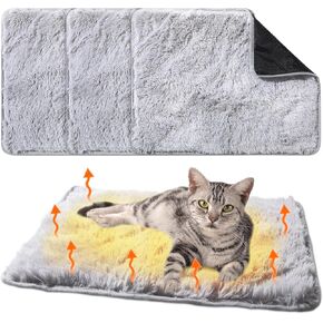 4 Pack Self Warming Cat Bed Pad Self Heating Cat Dog Mat with Fluffy Faux Fur Plush Cat Calming Bed Thermal Cat Mat Washable Pet Pad Anti Slip Bottom for Outdoor Indoor Pets (Grey,16" X 20")