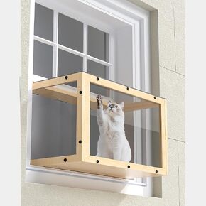 Window Cat Perch Catio, Wood Cat Window Box, Window Catio for Indoor Cats. Catio Window for 2 Adult Cats. Cat Window Box Fits Vertical Windows 24"-36" Wide KGCCIZI.