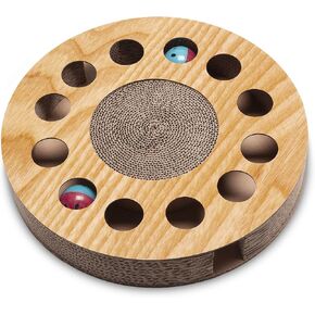 Furhaven Scratching Pad Ball Track Cat Toy w/ Catnip for Indoor Cats - Round Busy Box Scratcher - Tan, One Size