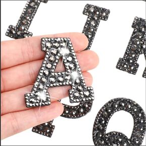 Rhinestone Iron on Letter Patches, 26 Piece Glitter Bling Letter Appliques Crystal Gemstone Clothing Patch, Rhinestone Iron On Patch A-Z Alphabet Sticker for Jackets Hats DIY Craft Supplies (Black)