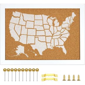 White Frame Cork Board Map of The United State, 14" X 11" Bulletin Boards for Walls with 10 Pins, Travel Tracker Map for Office, School and Home (US-MAP-2636-C)