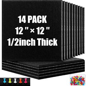 Reginary 14 Pcs Felt Cork Board Tiles 12" x 12" x 1/2" Thick Cork Bulletin Board Self Adhesive Felt Wall Tiles with 200 Push Pins Square Picture Corkboards for Office Classroom Home Decoration