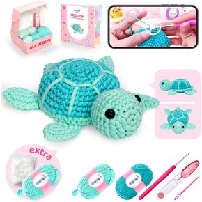 Mewaii Crochet Kit for Beginners Level 1 with 40% Extra Eco-Friendly Pre-Started Easy Yarn, Step-by-Step Video Tutorials for Adults and Kids (Green Sea Turtle)