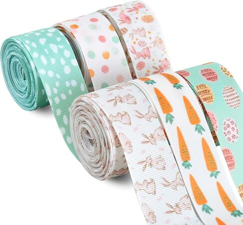 TONIFUL 6 Rolls 1 Inch Easter Grosgrain Ribbon with Eggs/Rabbits/Carrots/Dots Pattern for Handmade Crafts, Wreaths and Gift Wrapping, Basket Decor, Bows Making, Easter Day Decoration (5 Yards/roll) in Saudi Arabia