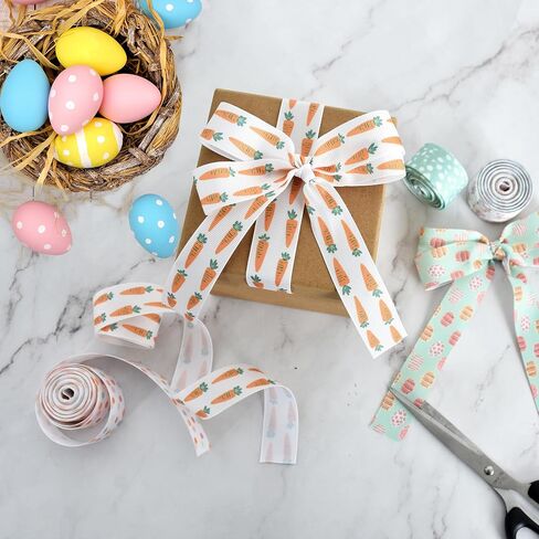 TONIFUL 6 Rolls 1 Inch Easter Grosgrain Ribbon with Eggs/Rabbits/Carrots/Dots Pattern for Handmade Crafts, Wreaths and Gift Wrapping, Basket Decor, Bows Making, Easter Day Decoration (5 Yards/roll) in Saudi Arabia