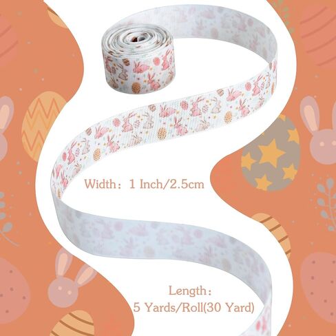 TONIFUL 6 Rolls 1 Inch Easter Grosgrain Ribbon with Eggs/Rabbits/Carrots/Dots Pattern for Handmade Crafts, Wreaths and Gift Wrapping, Basket Decor, Bows Making, Easter Day Decoration (5 Yards/roll) in Saudi Arabia