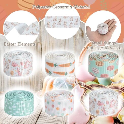 TONIFUL 6 Rolls 1 Inch Easter Grosgrain Ribbon with Eggs/Rabbits/Carrots/Dots Pattern for Handmade Crafts, Wreaths and Gift Wrapping, Basket Decor, Bows Making, Easter Day Decoration (5 Yards/roll) in Saudi Arabia
