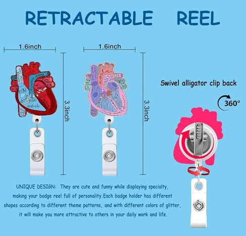 2P Funny Cardiac Retractable Badge Reel with ID Clip Name Tag Card Gift for Doctor Nurse Heart Anatomy Nursing Student Medical Worker Alligator Clip in Kuwait