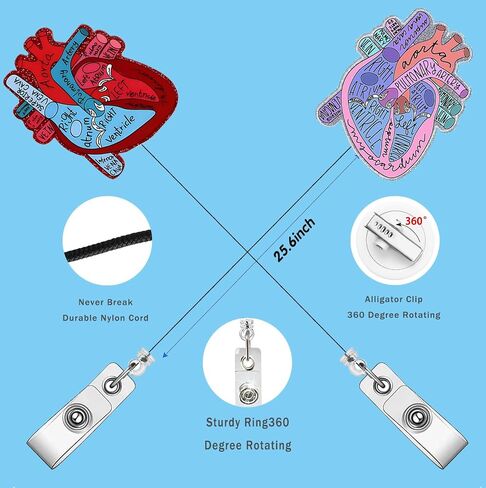 2P Funny Cardiac Retractable Badge Reel with ID Clip Name Tag Card Gift for Doctor Nurse Heart Anatomy Nursing Student Medical Worker Alligator Clip in Kuwait