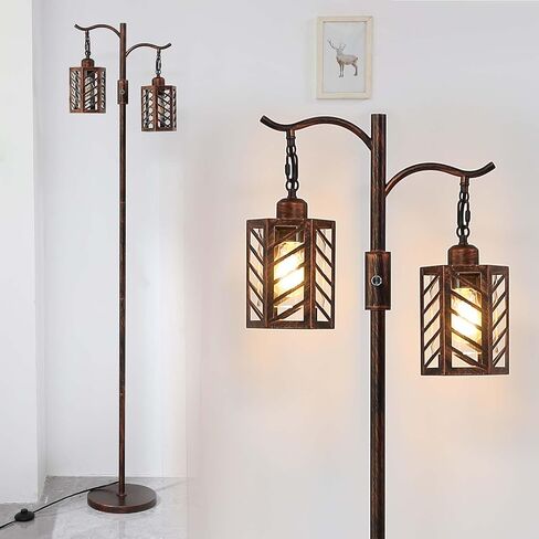 Industrial Floor Lamp,Vintage Dimmable Floor Lamp,2 Classical Lanterns Standing Lamp, Rustic Farmhouse Floor Lamp with Bronze Gold Finish, for Living Room Bedroom (Bronze-B-Style) in Saudi Arabia
