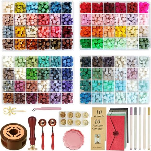 Wax Seal Stamp Kit with Gift Box,48 Color 1200 Pcs Wax Seal Beads with 2 Pcs Wax Seal Stamps, Sealing Wax Warmer, Metallic Pen and 10Pcs Tea Candles for Wedding Invitations Wrapping Christmas Letters in Saudi Arabia