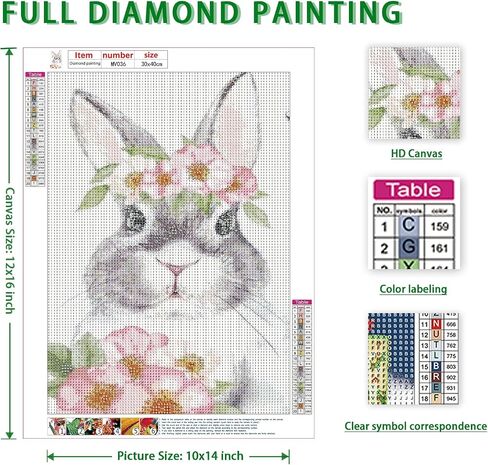 MVVMTOP Diamond Painting Kits Easter Bunny Round Full Drill Diamond Painting Kits للبالغين ، طلاء GEM 5D DIY بواسطة مجموعات فنون الماس للهدية 12 'x 16' ' in Kuwait